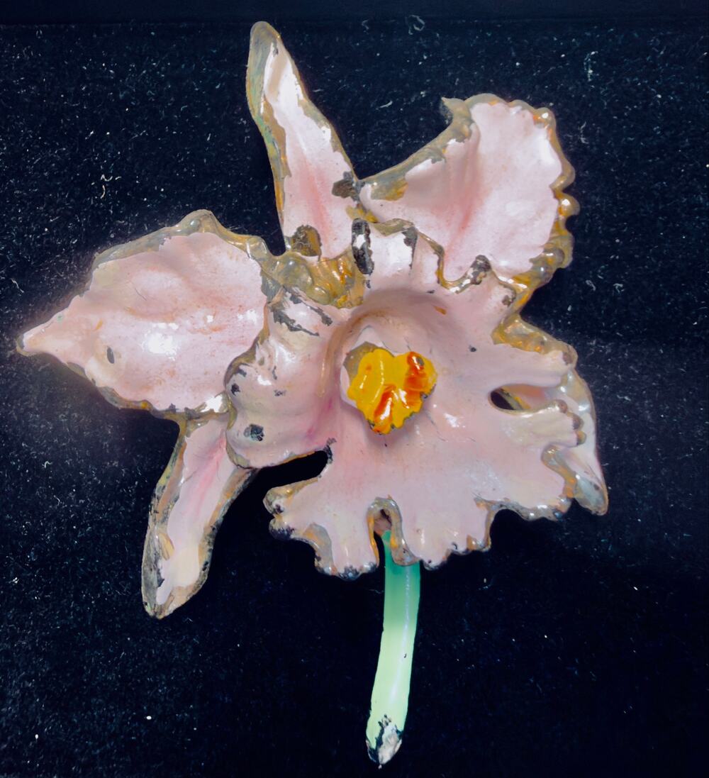 VTG Pink & Green Enamel Orchid Brooch Gold Tone Floral Pin Figural Flower